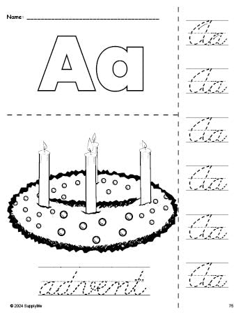 Free printable advent Christmas coloring page and cursive letter tracing worksheet, letter a worksheet for preschool, pre-k, and kindergarten