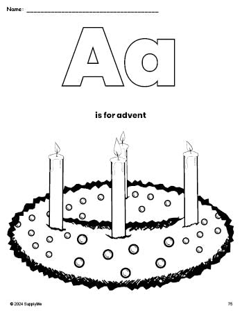 Free printable advent Christmas coloring page, letter a coloring page for preschool, pre-k, and kindergarten