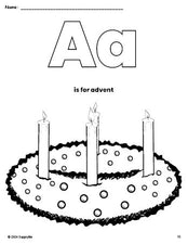 Free printable advent Christmas coloring page, letter a coloring page for preschool, pre-k, and kindergarten