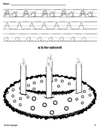 Free printable advent Christmas coloring page, letter a tracing worksheet for preschool, pre-k, and kindergarten