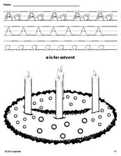 Free printable advent Christmas coloring page, letter a tracing worksheet for preschool, pre-k, and kindergarten