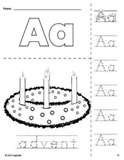 Free printable advent Christmas coloring page and letter tracing worksheet, letter a worksheet for preschool, pre-k, and kindergarten