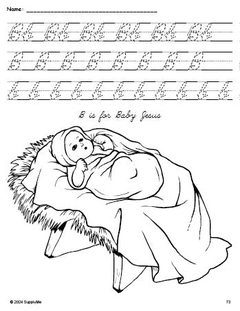 Free printable Baby Jesus Christmas coloring page, cursive letter tracing worksheet, letter b worksheet for preschool, pre-k, and kindergarten