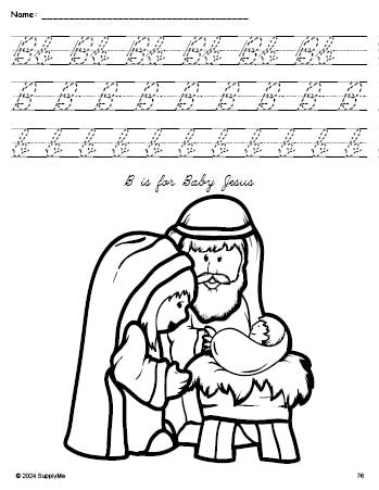 Free printable Baby Jesus Christmas coloring page, cursive letter tracing worksheet, letter b worksheet for preschool, pre-k, and kindergarten