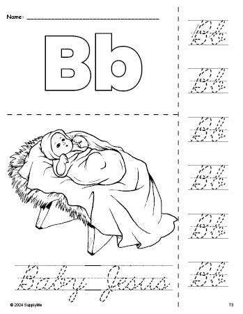 Free printable Baby Jesus Christmas coloring page and cursive letter tracing worksheet, letter b worksheet for preschool, pre-k, and kindergarten