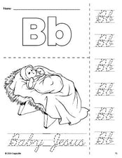 Free printable Baby Jesus Christmas coloring page and cursive letter tracing worksheet, letter b worksheet for preschool, pre-k, and kindergarten