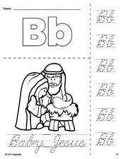 Free printable Baby Jesus Christmas coloring page and cursive letter tracing worksheet, letter b worksheet for preschool, pre-k, and kindergarten