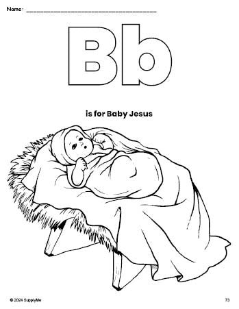 Free printable Baby Jesus Christmas coloring page, letter b coloring page for preschool, pre-k, and kindergarten