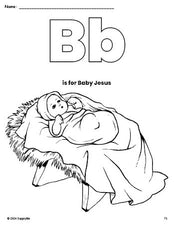 Free printable Baby Jesus Christmas coloring page, letter b coloring page for preschool, pre-k, and kindergarten