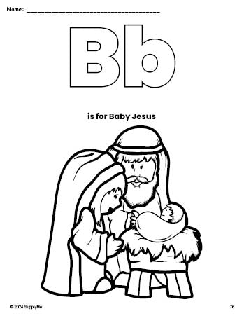 Free printable Baby Jesus Christmas coloring page, letter b coloring page for preschool, pre-k, and kindergarten