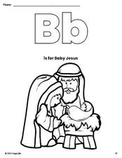 Free printable Baby Jesus Christmas coloring page, letter b coloring page for preschool, pre-k, and kindergarten