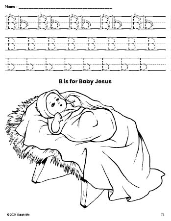 Free printable Baby Jesus Christmas coloring page, letter b tracing worksheet for preschool, pre-k, and kindergarten