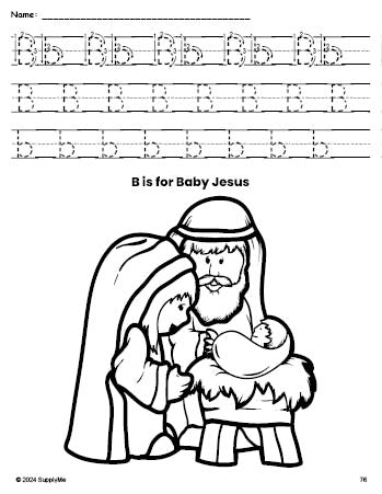 Free printable Baby Jesus Christmas coloring page, letter b tracing worksheet for preschool, pre-k, and kindergarten