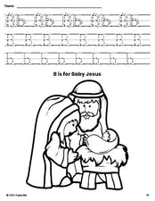 Free printable Baby Jesus Christmas coloring page, letter b tracing worksheet for preschool, pre-k, and kindergarten