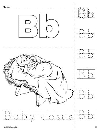 Free printable Baby Jesus Christmas coloring page and letter tracing worksheet, letter b worksheet for preschool, pre-k, and kindergarten