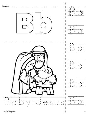 Free printable Baby Jesus Christmas coloring page and letter tracing worksheet, letter b worksheet for preschool, pre-k, and kindergarten