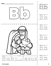 Free printable Baby Jesus Christmas coloring page and letter tracing worksheet, letter b worksheet for preschool, pre-k, and kindergarten