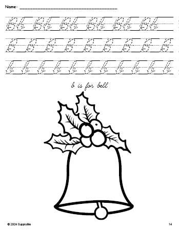 Free printable bell Christmas coloring page, cursive letter tracing worksheet, letter b worksheet for preschool, pre-k, and kindergarten