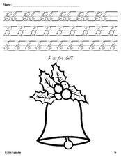 Free printable bell Christmas coloring page, cursive letter tracing worksheet, letter b worksheet for preschool, pre-k, and kindergarten