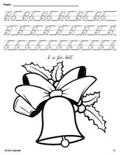 Free printable bell Christmas coloring page, cursive letter tracing worksheet, letter b worksheet for preschool, pre-k, and kindergarten