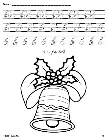 Free printable bell Christmas coloring page, cursive letter tracing worksheet, letter b worksheet for preschool, pre-k, and kindergarten