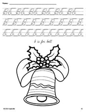 Free printable bell Christmas coloring page, cursive letter tracing worksheet, letter b worksheet for preschool, pre-k, and kindergarten