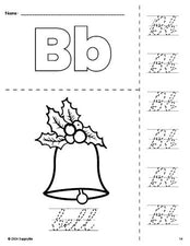 Free printable bell Christmas coloring page and cursive letter tracing worksheet, letter b worksheet for preschool, pre-k, and kindergarten