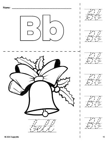 Free printable bell Christmas coloring page and cursive letter tracing worksheet, letter b worksheet for preschool, pre-k, and kindergarten