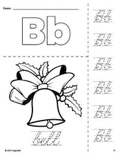 Free printable bell Christmas coloring page and cursive letter tracing worksheet, letter b worksheet for preschool, pre-k, and kindergarten