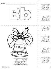 Free printable bell Christmas coloring page and cursive letter tracing worksheet, letter b worksheet for preschool, pre-k, and kindergarten