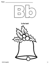 Free printable bell Christmas coloring page, letter b coloring page for preschool, pre-k, and kindergarten