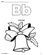 Free printable bell Christmas coloring page, letter b coloring page for preschool, pre-k, and kindergarten