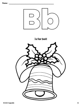 Free printable bell Christmas coloring page, letter b coloring page for preschool, pre-k, and kindergarten