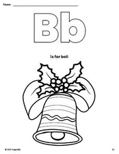 Free printable bell Christmas coloring page, letter b coloring page for preschool, pre-k, and kindergarten