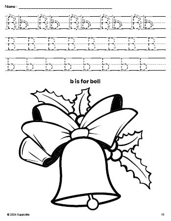 Free printable bell Christmas coloring page, letter b tracing worksheet for preschool, pre-k, and kindergarten