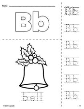 Free printable bell Christmas coloring page and letter tracing worksheet, letter b worksheet for preschool, pre-k, and kindergarten