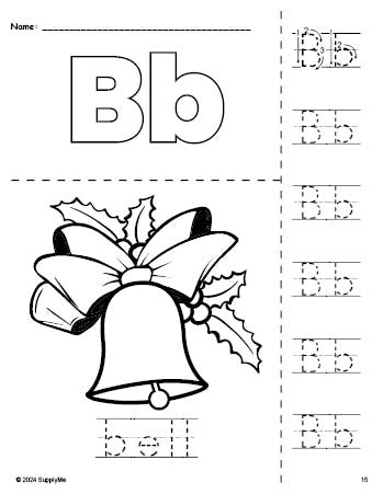 Free printable bell Christmas coloring page and letter tracing worksheet, letter b worksheet for preschool, pre-k, and kindergarten