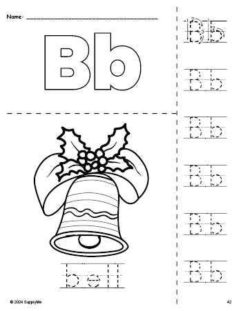 Free printable bell Christmas coloring page and letter tracing worksheet, letter b worksheet for preschool, pre-k, and kindergarten