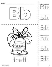 Free printable bell Christmas coloring page and letter tracing worksheet, letter b worksheet for preschool, pre-k, and kindergarten