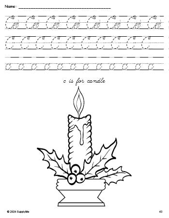 Free printable candle Christmas coloring page, cursive letter tracing worksheet, letter c worksheet for preschool, pre-k, and kindergarten