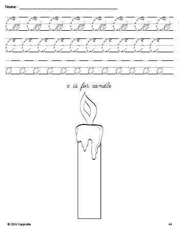 Free printable candle Christmas coloring page, cursive letter tracing worksheet, letter c worksheet for preschool, pre-k, and kindergarten