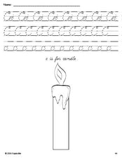 Free printable candle Christmas coloring page, cursive letter tracing worksheet, letter c worksheet for preschool, pre-k, and kindergarten