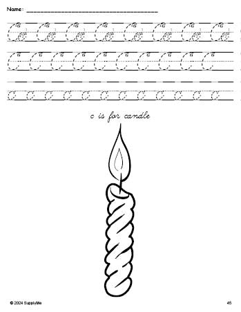 Free printable candle Christmas coloring page, cursive letter tracing worksheet, letter c worksheet for preschool, pre-k, and kindergarten