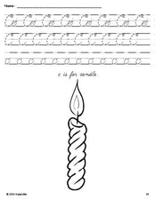 Free printable candle Christmas coloring page, cursive letter tracing worksheet, letter c worksheet for preschool, pre-k, and kindergarten