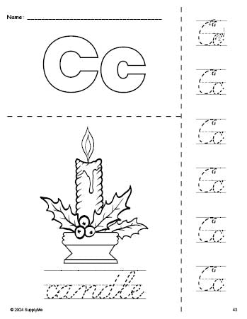 Free printable candle Christmas coloring page and cursive letter tracing worksheet, letter c worksheet for preschool, pre-k, and kindergarten