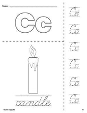 Free printable candle Christmas coloring page and cursive letter tracing worksheet, letter c worksheet for preschool, pre-k, and kindergarten