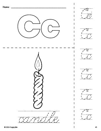 Free printable candle Christmas coloring page and cursive letter tracing worksheet, letter c worksheet for preschool, pre-k, and kindergarten