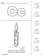 Free printable candle Christmas coloring page and cursive letter tracing worksheet, letter c worksheet for preschool, pre-k, and kindergarten