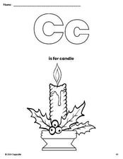 Free printable candle Christmas coloring page, letter c coloring page for preschool, pre-k, and kindergarten