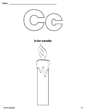 Free printable candle Christmas coloring page, letter c coloring page for preschool, pre-k, and kindergarten